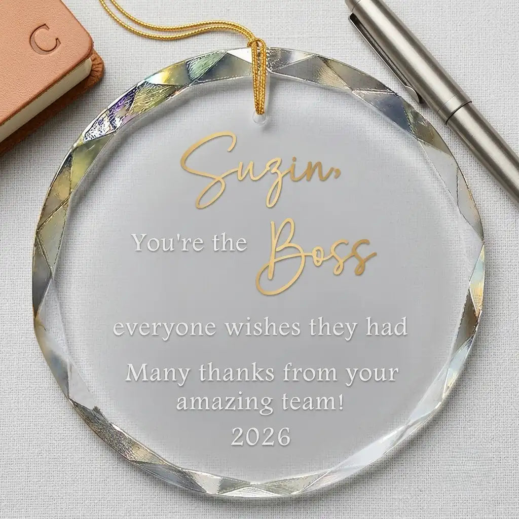 Clear glass round ornament laid flat on festive wooden surface with pine branches, pinecones and holiday decorations surrounding the boss leader gift design