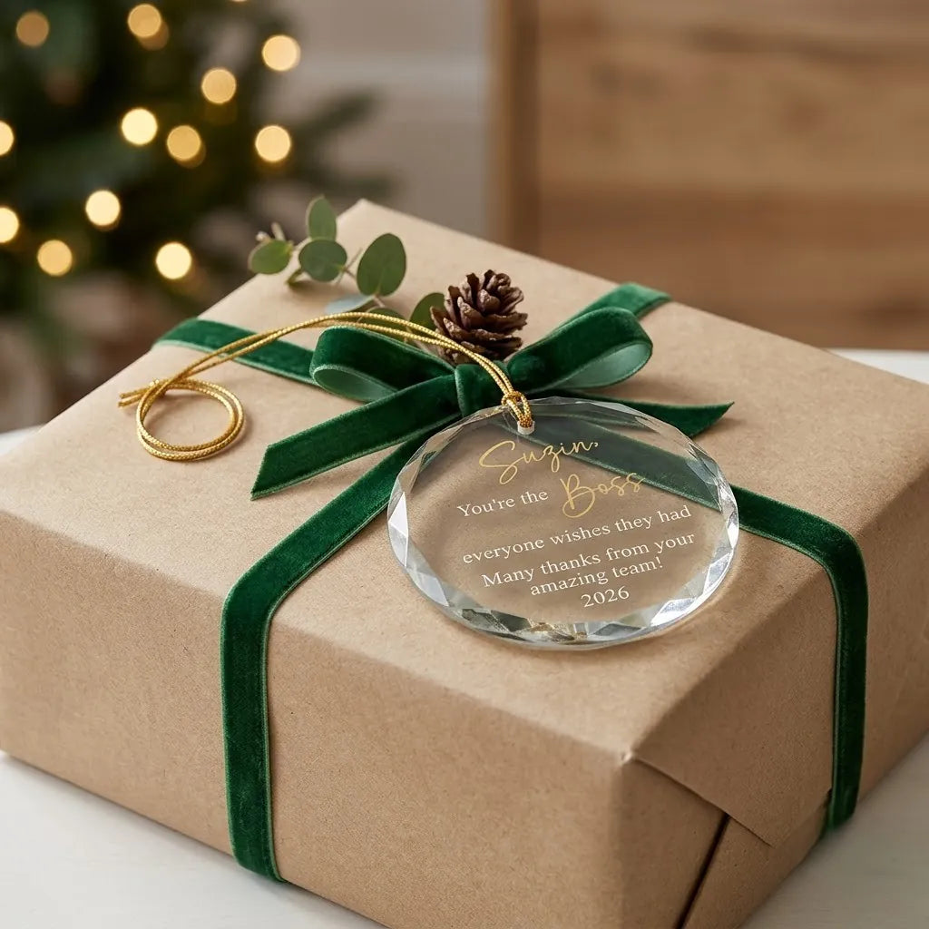 Personalized boss leader gift glass ornament presented beside a wrapped holiday gift box on rustic wooden background