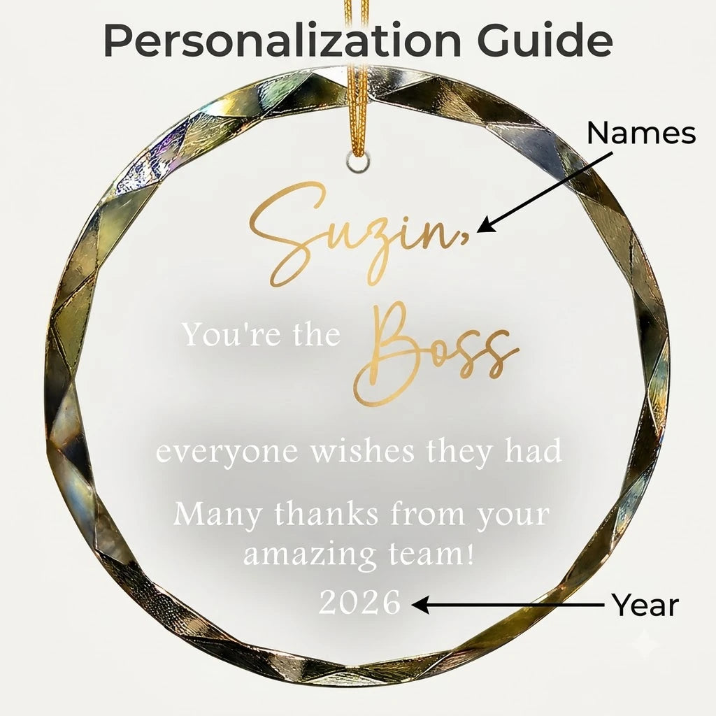 Personalization instruction card showing text input fields for custom names, dates and year on glass ornament