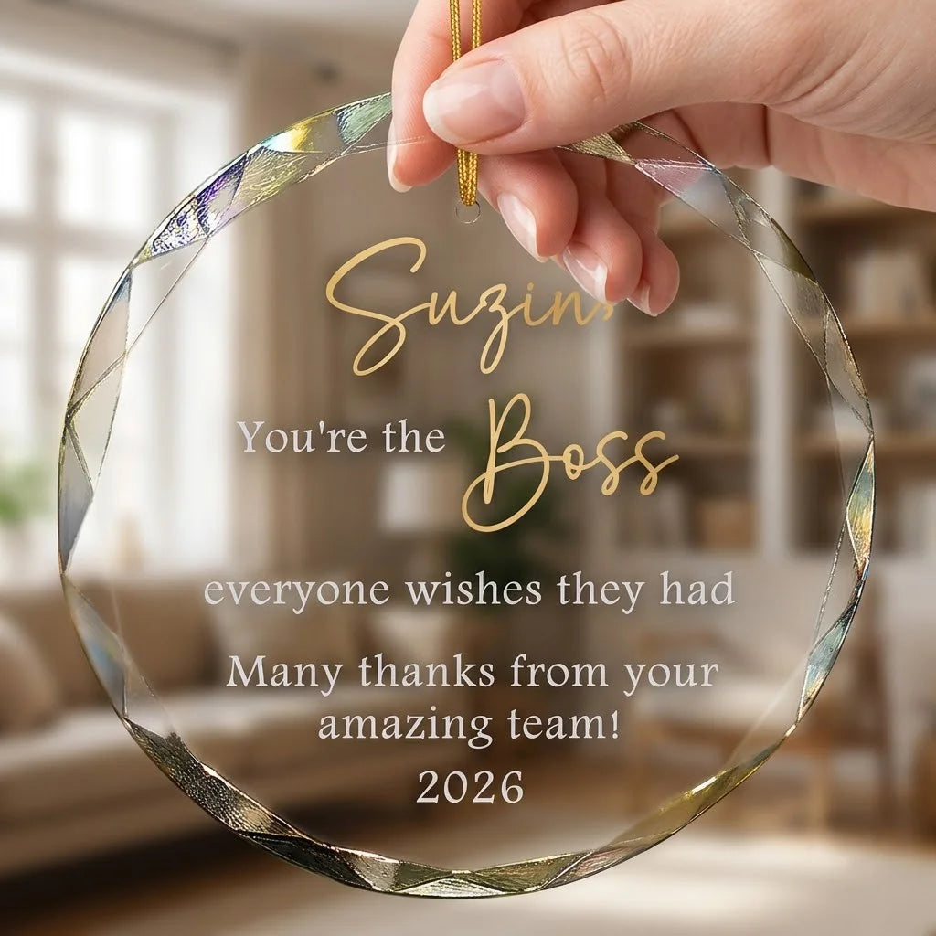 Hand holding a transparent faceted glass ornament with gold string loop showing printed boss team appreciation typography design and crisp white lettering in cozy indoor scene