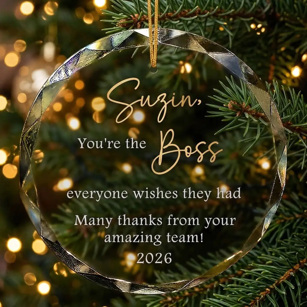 Personalized clear glass boss leader gift ornament displayed hanging on Christmas tree branch with warm sparkling holiday lights background
